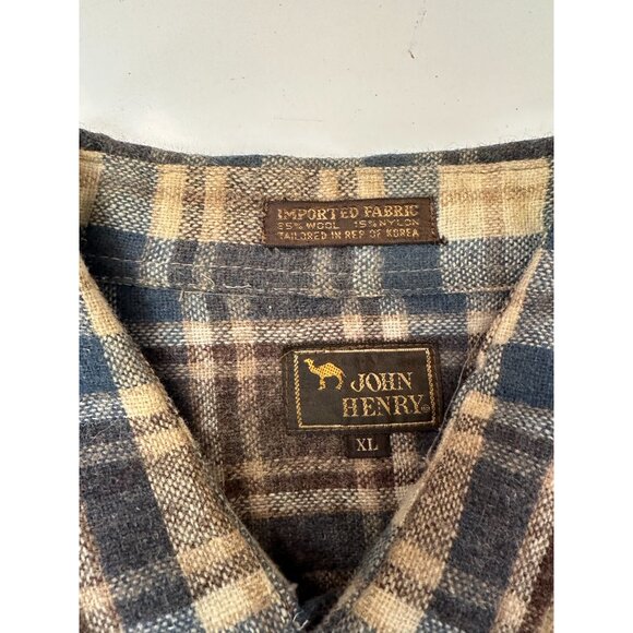 XL Vintage 80s Wool John Henry Camel Cigarette Collab Flannel Shirt Brown Plaid - Picture 4 of 8